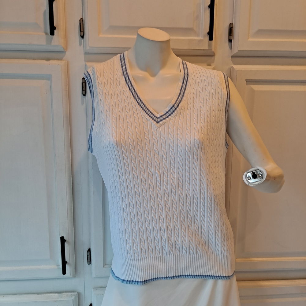 Izod Cotton Vneck White Cable Knit Pullover Sweater Vest Blue Stripes Preppy Mod